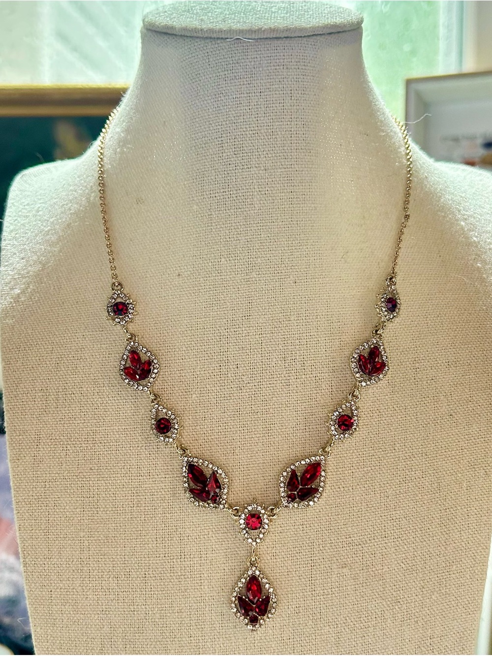 Marchesa “Poise” Y Drop Necklace Ruby Red